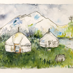 Khövsgöl, dessin à l'encre, Isabelle FLourac - Illustration représentant un camp de yourtes et un Yack à Khövsgöl en Mongolie. Couleurs vertes.