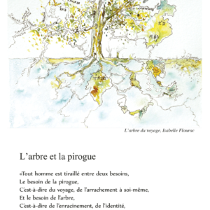 couverture calendrier perpétuel d'anniversaire. Calendrier des arbres. Illustration du texte l'arbre et la Pirogue par Isabelle Flourac. Dessin à l'encre de l'arbre du voyage, cartographie et racines d'un voyage.