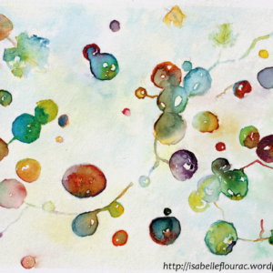 Du vent dans les vignes, dessin de grappes s'envolant, encres de couleur, Isabelle Flourac