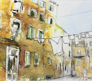 Midi à Venise, dessin techniques mixte Pastel aquarelle encre, Isabelle Flouracs