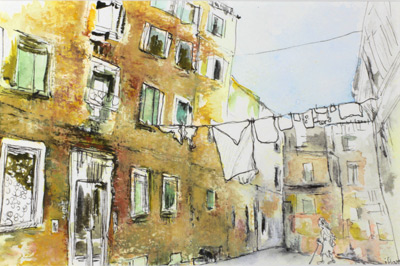 Midi à Venise, dessin techniques mixte Pastel aquarelle encre, Isabelle Flouracs