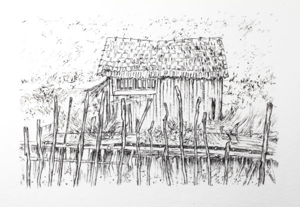 La Baudissière, cabane de la Baudissière au Chateau d'Oléron, route des huitres, sur l'île d'Oléron. Dessin au rotrin sur papier aquarelleg, Isabelle Flourac