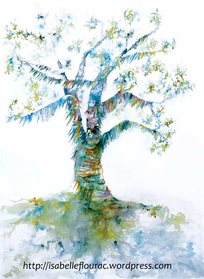 L'arbre à prières, dessin à l'encre Isabelle Flourac - Arbre inspiré des rituels chamaniques, arbre à voeux.